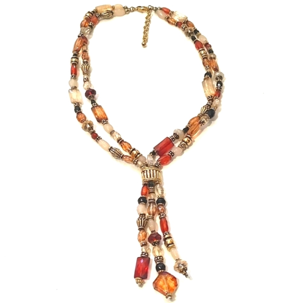 VINTAGE MULTICOLORED GLASS BEADED STRANDED LARIAT 16-18" NECKLACE